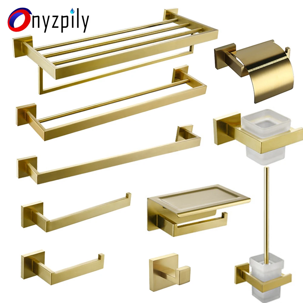 Juego de accesorios de baño dorado cepillado, estante de pared, barra de toalla, Riel, colgador de Bata, cepillo de inodoro, rollo de papel, soporte de plato