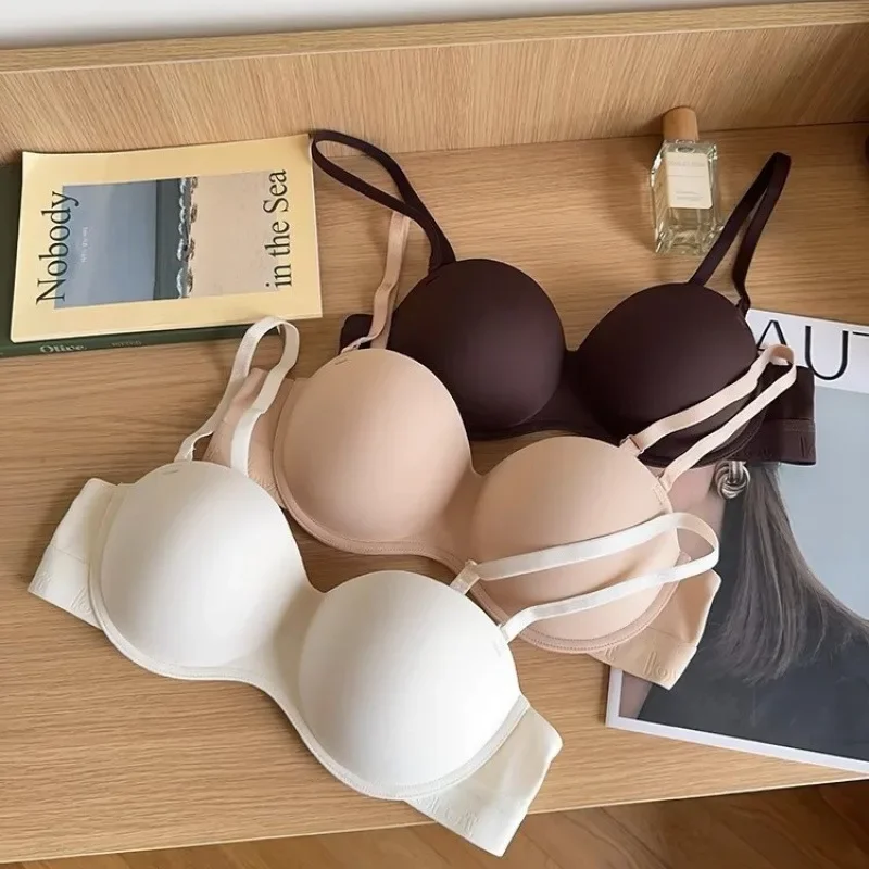 KUCLUT Seamless smooth lingerie for women, detachable shoulder straps, small breasts, close-together, comfortable half-cup bra