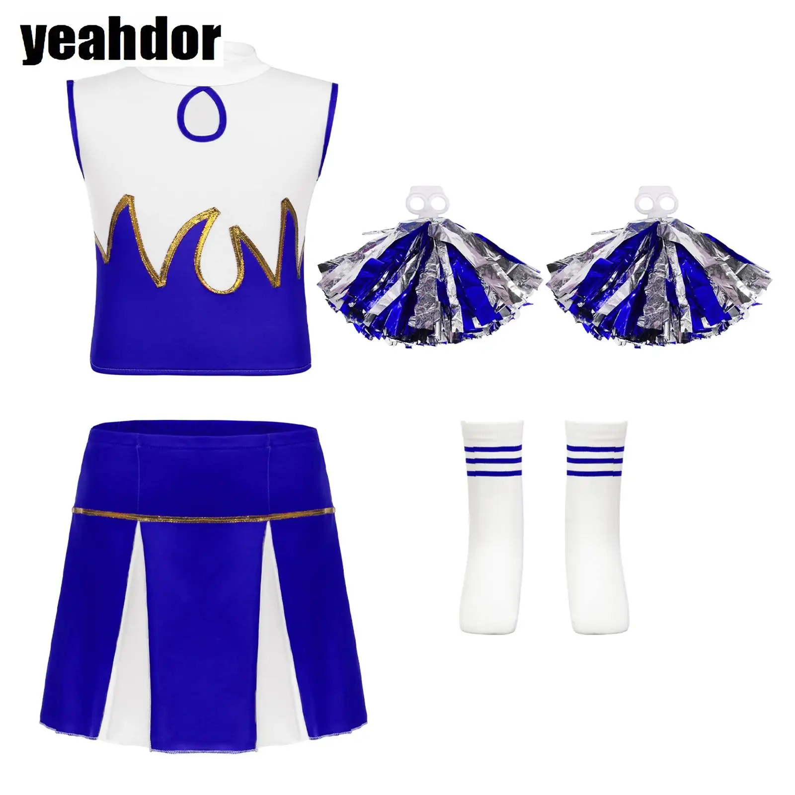 

Girls Cheerleading Dance Performance Costume Sleeveless Crop Top Sequin Crop Top with Pleated Skirt Flower Balls And Socks