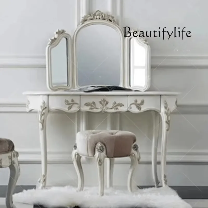 

BJ French Light Luxury Solid Wood Carving Flower Dresser Bedroom Retro Old Dressing Table Dressing Mirror Combination