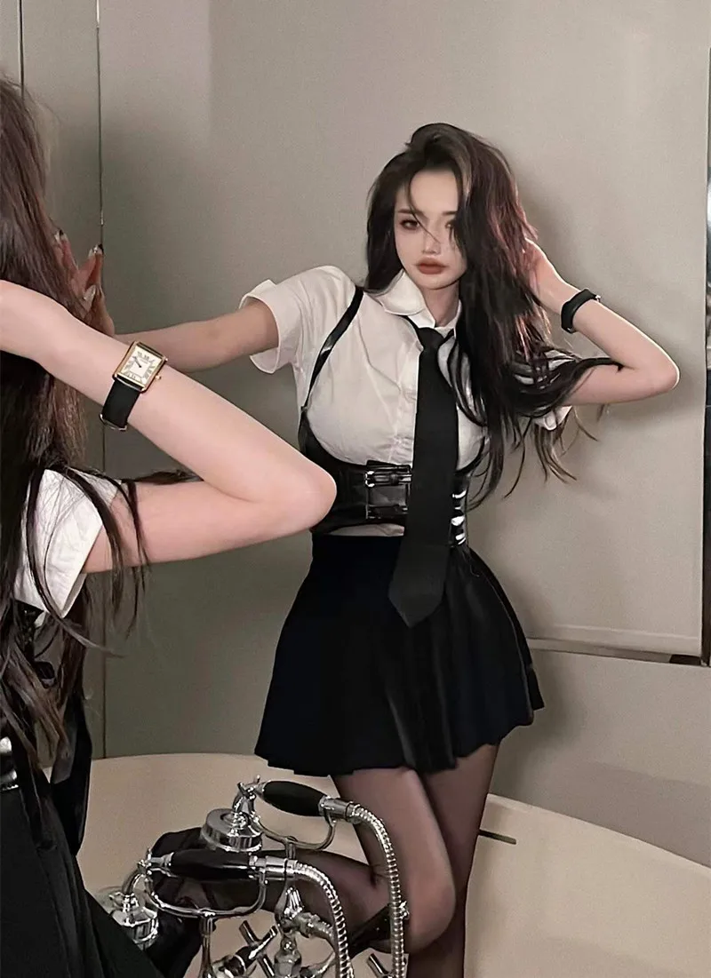 American Hot Girl Uniform Set Three-pieces HotSweet Slim Corset Shirt White Short Sleeved Women Mini Pleated Skirt Black Summer