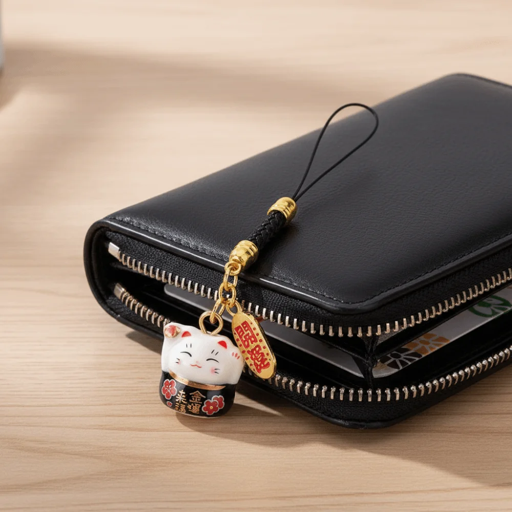 Chinese Style Ceramic Lucky Cat Phone Charms Fortune Metal Fortune Cat Key Chain Cartoon Trinket Maneki Neko Phone Chain