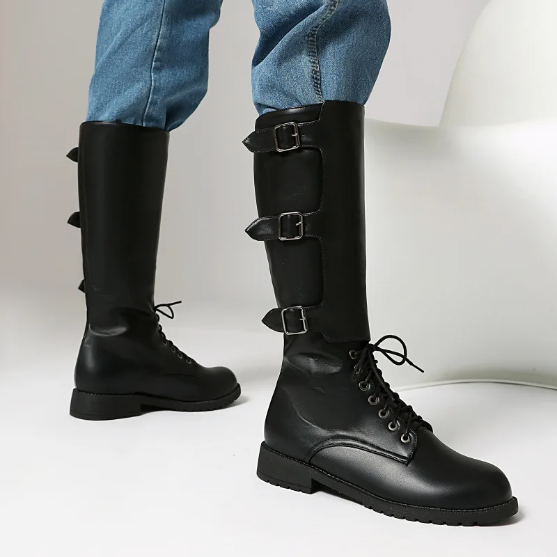 Men's Boots Belt Buckle Western Boots Retro Lace-up Pu Leather High Boots Outdoor Casual Shoes Designer Plus Size Mid-Calf Boot view 3