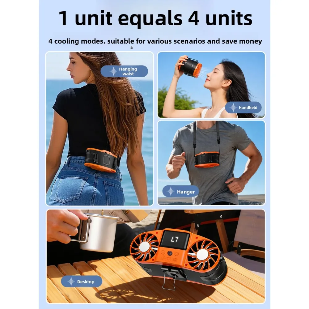 Portable Waist Fan 30000mAh Dual Turbo Cooling LED Display 4 Modes with Light for Outdoor Work Construction Camping Use 허리 선풍기