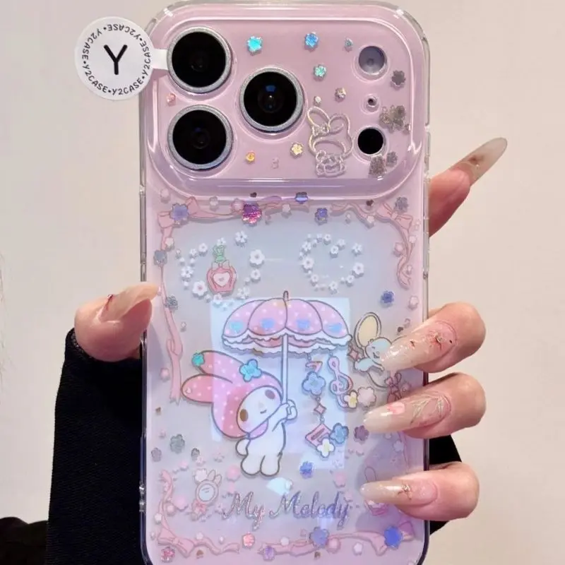 

Sanrio My Melody Gold Glitter Umbrella Pattern IMD Double Layer Phone Case Cute Cartoon Shockproof Protective Cover for IPhone