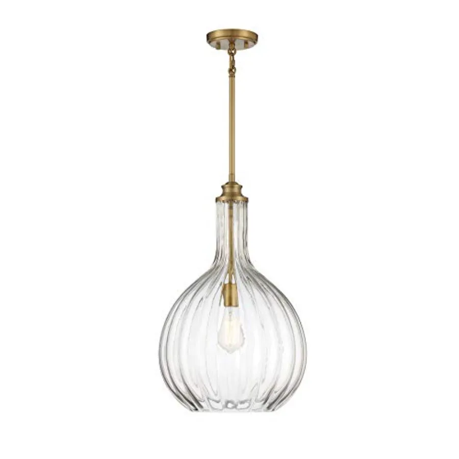Industrial pendant light for living room clear fluted glass warm brass energy-efficient 60W illumination