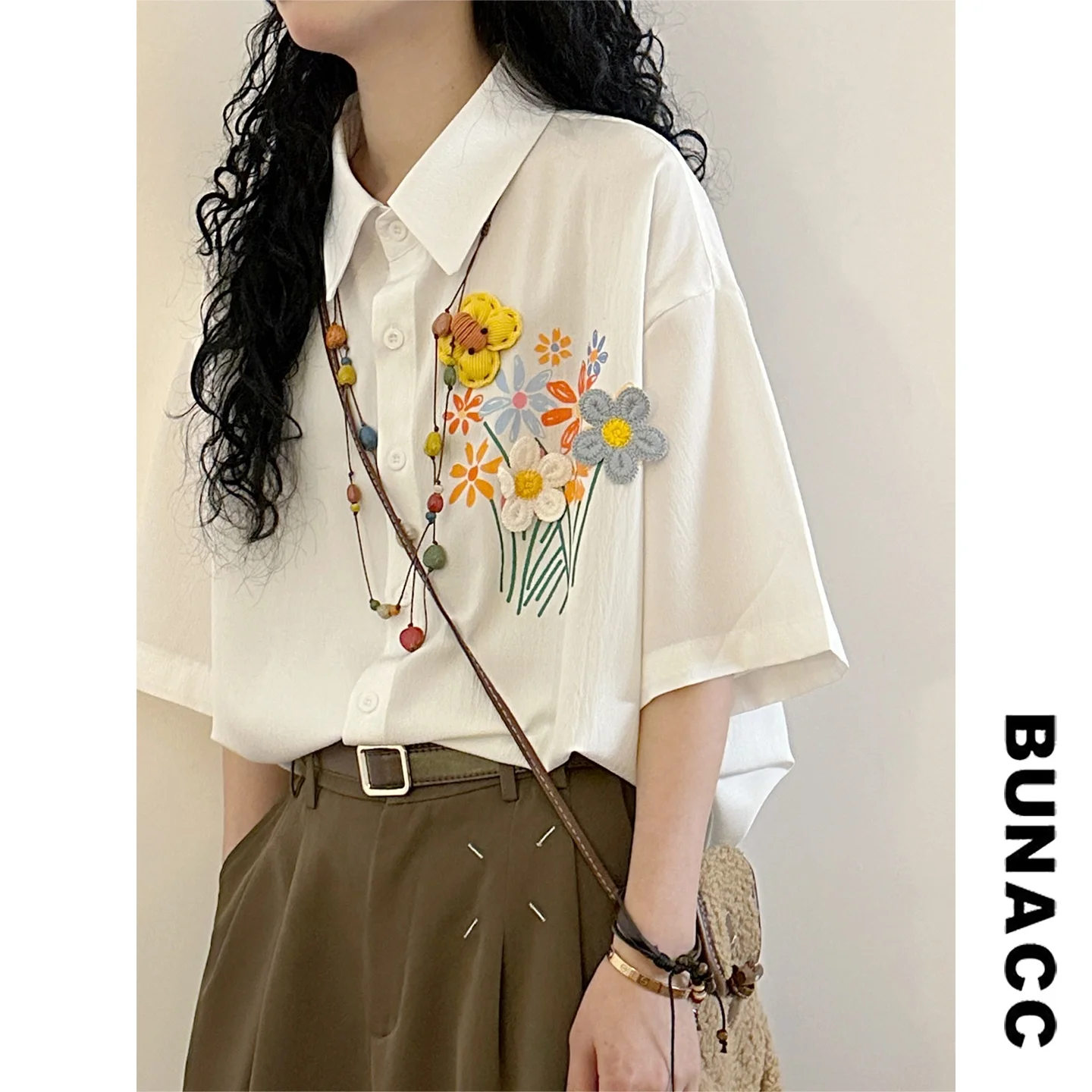 

Ретро-американская женская футболка с вышивкой 3D-цветами, свободного кроя, с коротким рукавом, модная летняя уличная повседневная хлопковая футболка