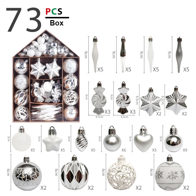 

73pcs Christmas Ball Decoration Plastic Silver White Baubles Christmas Tree Hanging Ornament Pendent for Home Xmas Noel Navidad