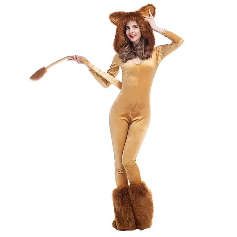 

Animal Cartoon Lion Plush Hooded Jumpsuit With Tail+Leg Cover Halloween Costume For Adult Women Lion King Cosplay Costume