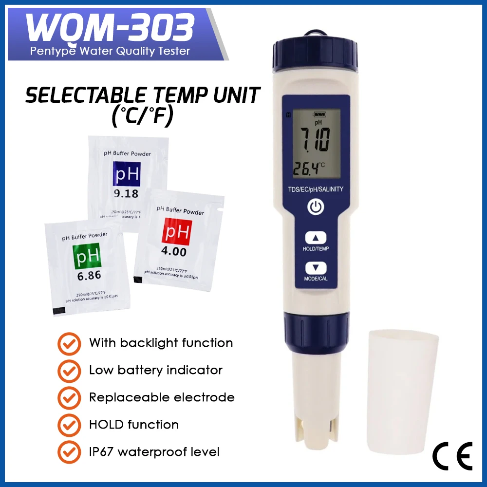 

5 in 1 Water Quality Tester Digital TDS/EC/PH/Salinity/Temperature Meter for Pools Aquariums Water Backlight Quality Detector