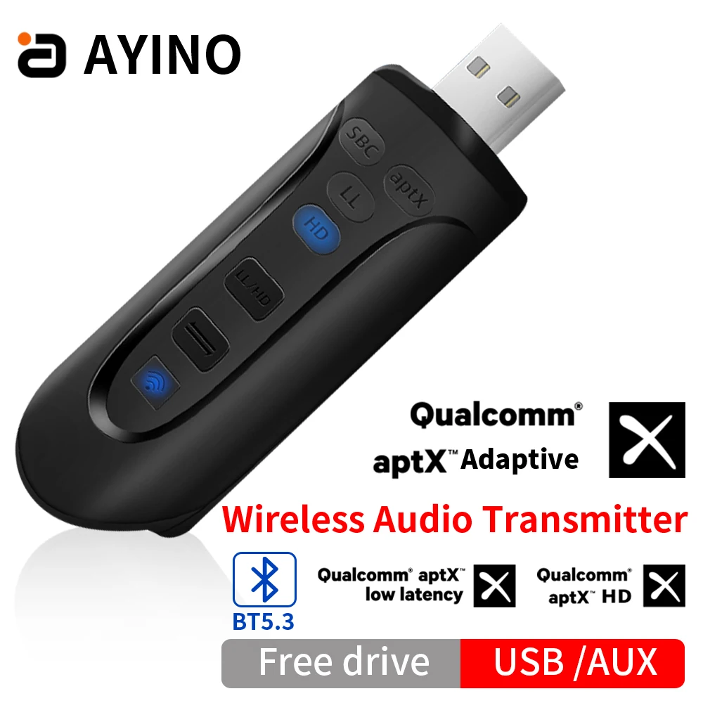 

AYINO USB Bluetooth Dongle Adapter BT 5.3 Wireless Audio Computer Adapter AUX 3.5 RAC aptX HD Adaptive Speaker MusicTransmitter