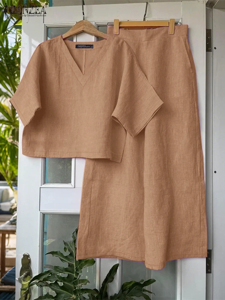 ZANZEA Donna Casual 2 pezzi Set Abbigliamento da giorno Camicette larghe a mezza manica con scollo a V Pantaloni a gamba larga 2 pezzi Completi estivi Set di pantaloni solidi
