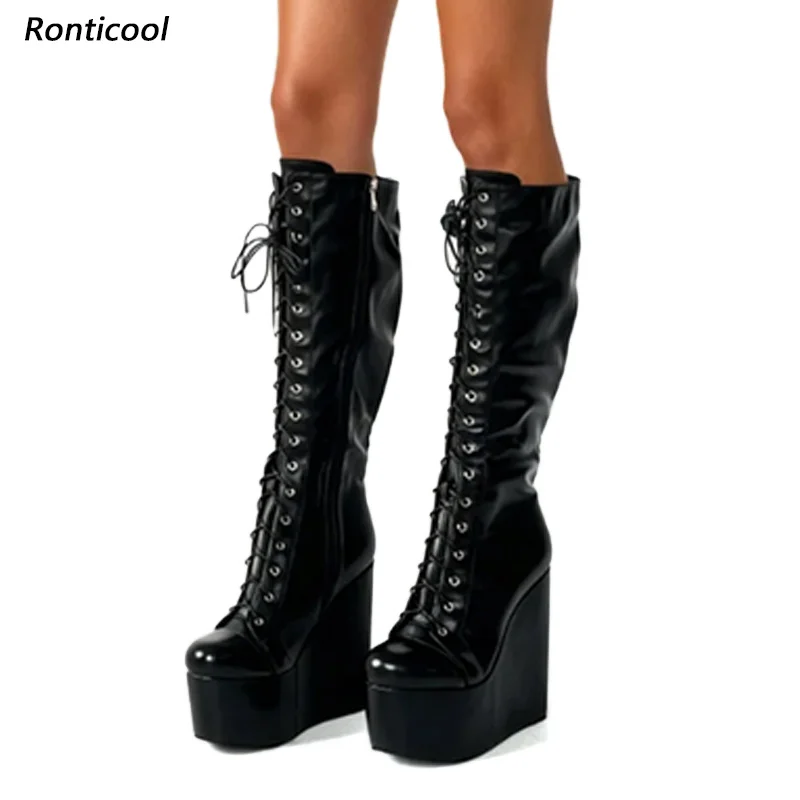 

Ronticool Artisan Crafted Eggplant Leather Platform Boots - Women's High Heel Knee Length Lace Up Boots Plus US Size 5-15
