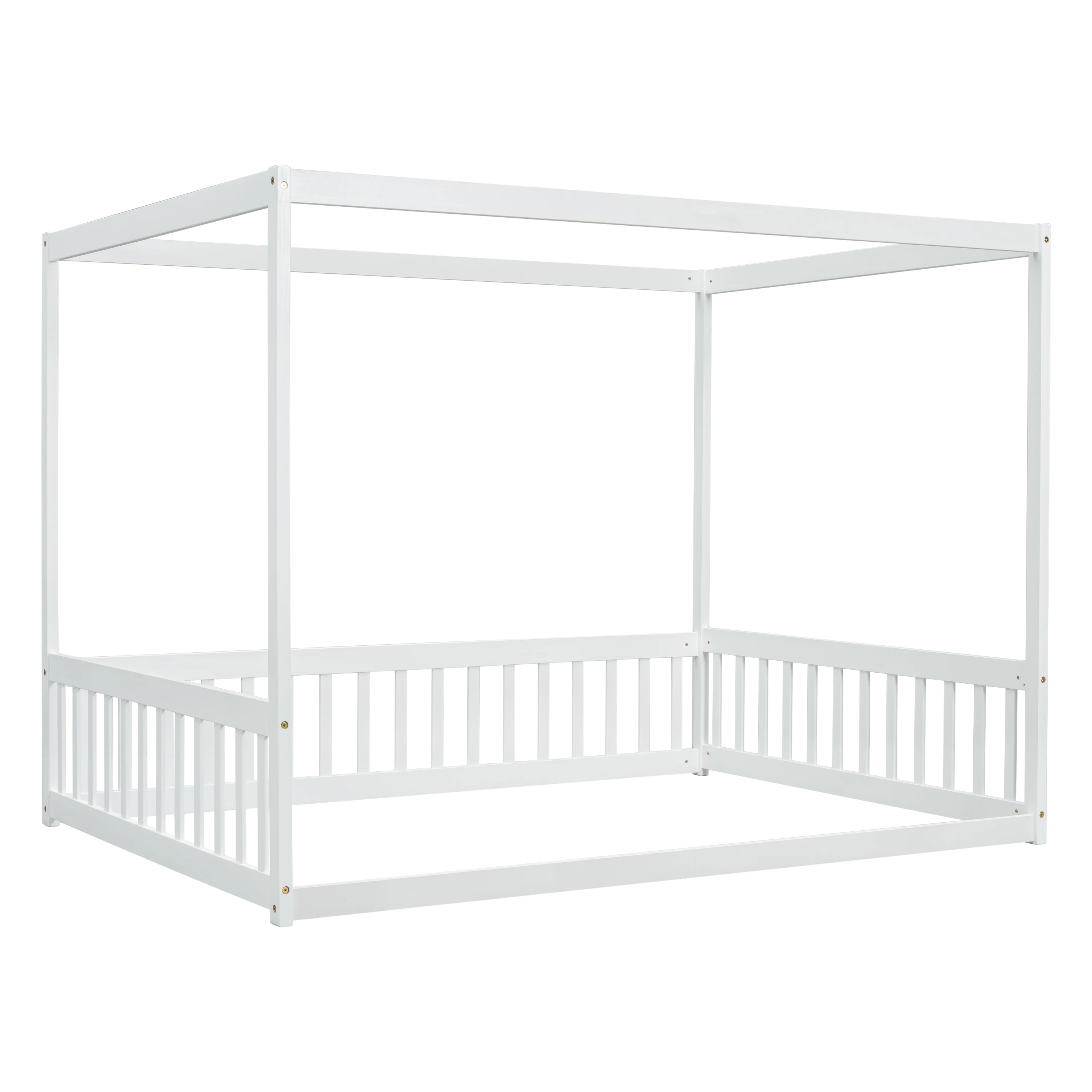 Full Size Canopy Frame Floor Bed with Fence, Guardrails