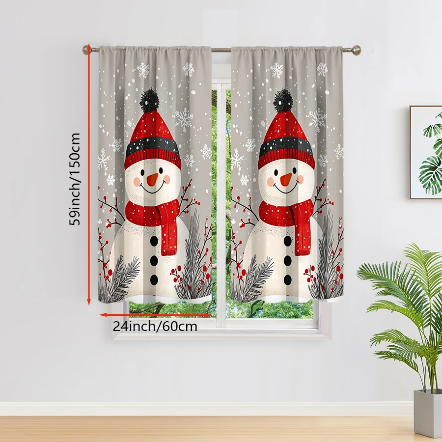 2PCS Gray Snowman Christmas Curtains, Red Hat Scarf Berry Pine Branch Winter Holiday Window Drapes for Bedroom Living Room