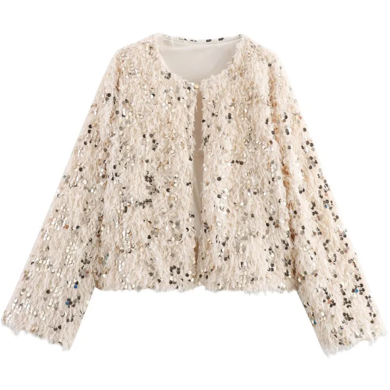 

2025 Winter New Women's Round Neck Tweed Blazer Embellished with Sparkling Sequins Chunky Textured & Trendy Outerwear Fur Tops