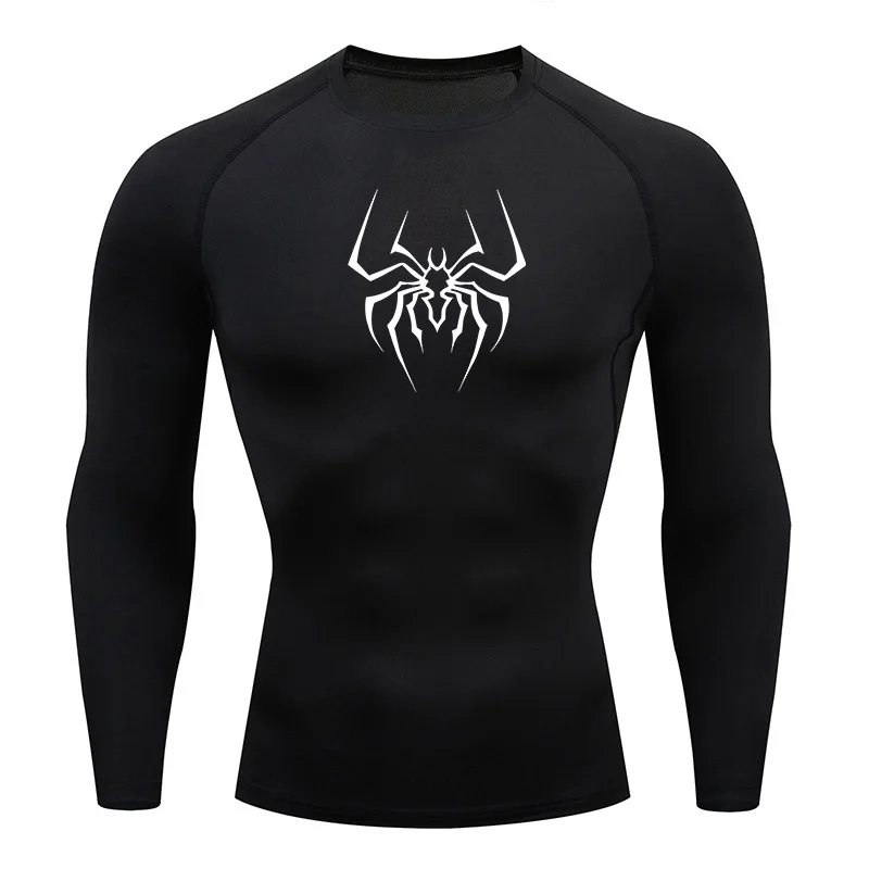 Spider Print Long Sleeve Compression Shirts For Men Gym Workout Rash Guard Undershirts Baselayers Athletic Quick Dry Tees Tops