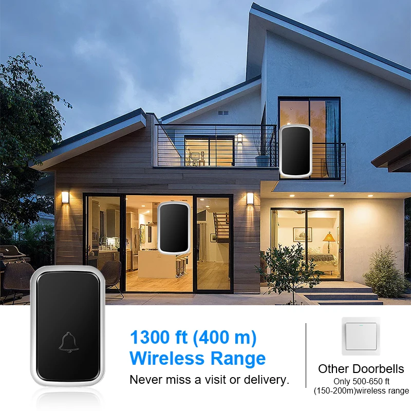 EU US Plug Wireless DoorBell Home Welcome Samrt Door Bell 300M Range 60 Songs 5-Volume Outdoor Waterproof Door Chime Kit