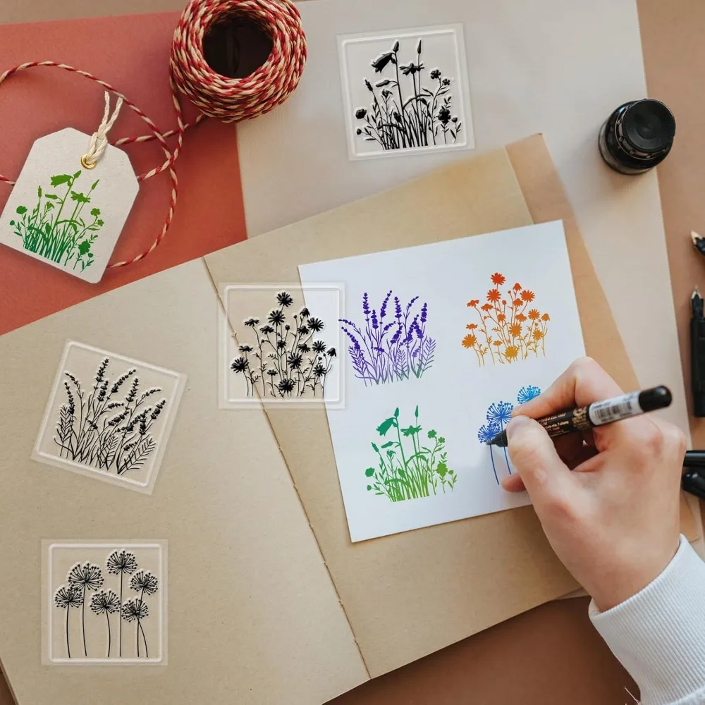 4Pcs Mini Wildflower Clear Stamps for DIY Scrapbooking Mini Plant Silicone Clear Stamp Seals Transparent Stamps for Cards Making