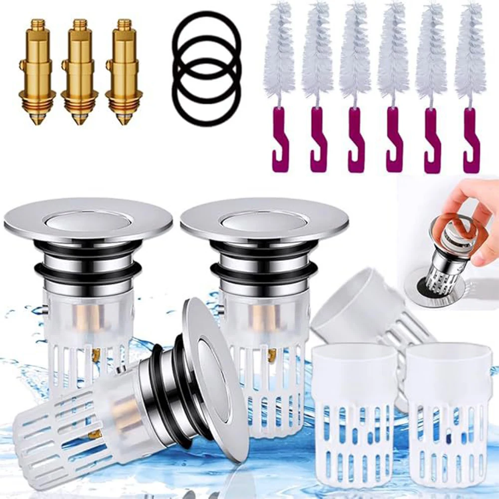 3pcs Pop-up Bounce Core Drain Filter Hair Catcher Deodorant Steel Bath Stopper Push-type Bathroom Hair Filter Sink Bathtub