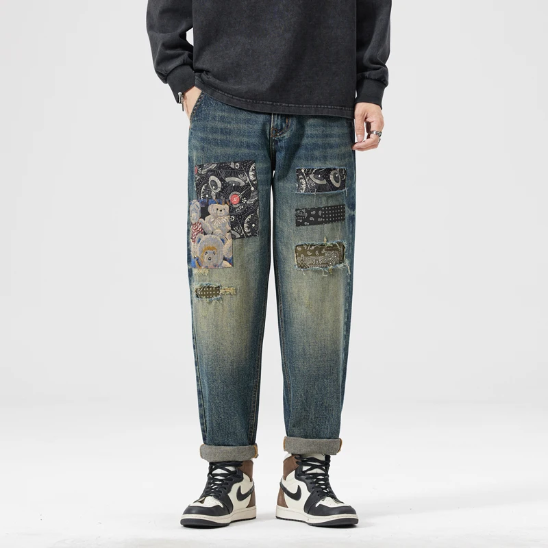 BGC9787 Tide جينز الشارع الأوروبي للرجال بقع الثقوب المكسورة ضرب رقعة الألوان اتجاه الشخصية الرجعية #2