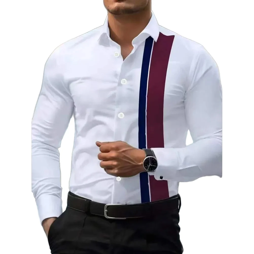 

2025 Mens Splicing Striped Lapel Button Up Long Sleeve Smart Casual Comfortable Business Dress Office Single-breasted Shirt