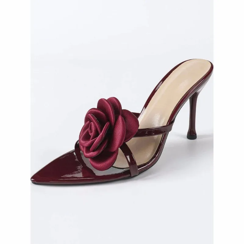 

Elegant Rose Flower High Heel Sandals for Women, Outdoor Wear, 2026 New Burgundy Thin Heel Slip-On Shoes