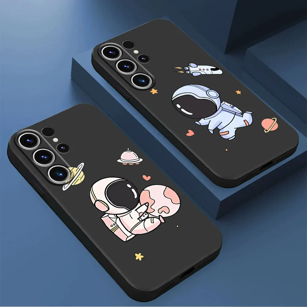 Cover Case for Samsung Galaxy S24 Ultra S21 5G S21 FE S22 Plus S23 Ultra S20 Shell Matte Cartoon Space Astronaut Black Soft