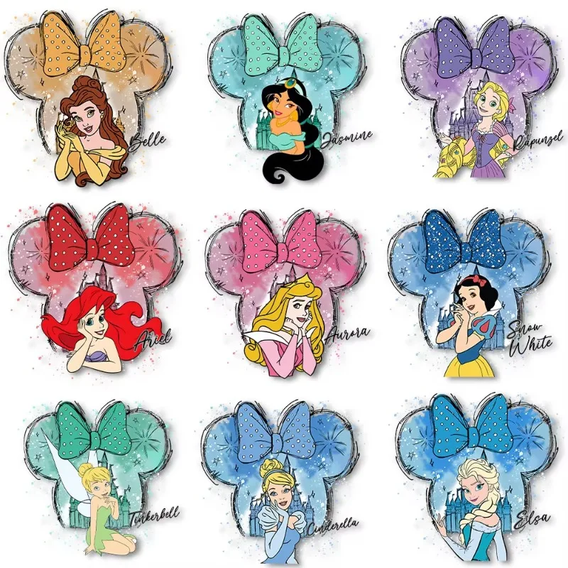 Disney aquarelle princesse Ariel Jasmine Elsa neige blanche fer sur décalcomanies pour vêtements bricolage enfants lavable transfert de chaleur autocollant