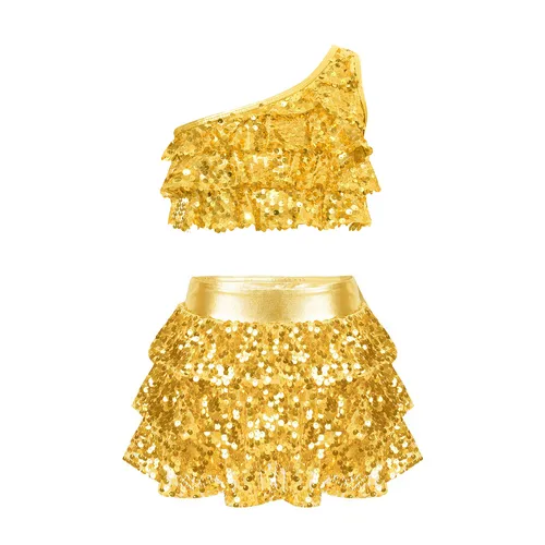 Imagen 2 del producto Traje de baile de Jazz para niñas, conjuntos de Ropa de baile de dos piezas con lentejuelas brillantes, Top corto metálico con pantalones cortos con falda, disfraces de fiesta para niños