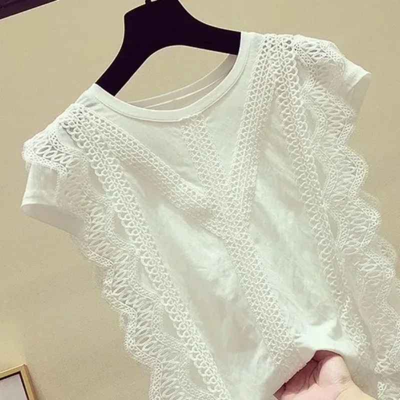 Women Summer Fashion Blouses Tops Lace Patch Buttoned Casual V-Neck Short Sleeve Plain Daily Blusas Shirt Clothes