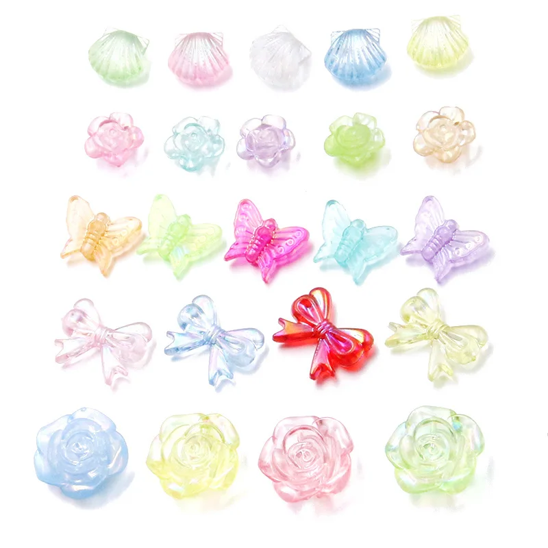 30PCS 5 Styles Plant Butterfly Bow Tie Shell Flower Acrylic Beads Cube Loose Spacer Beads DIY Jewelry Handmad Material