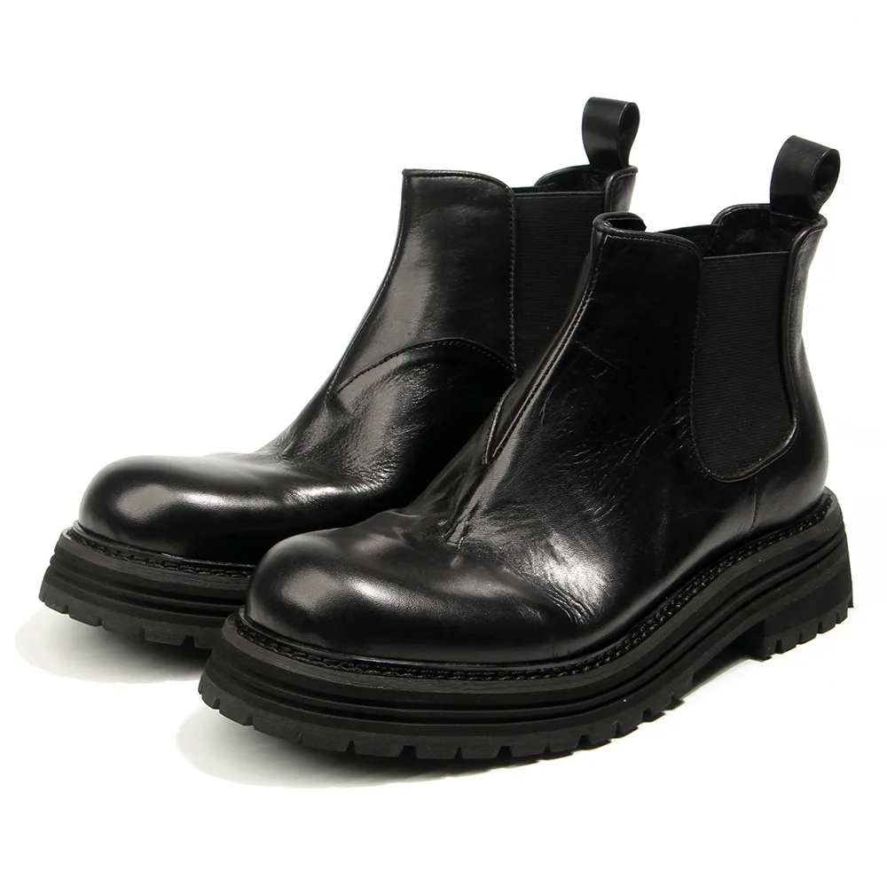 Men's Vintage Genuine Leather Chelsea Boots British High-Top Work Ankle Boots Chunky Height-Increasing Distressed Slip-On Shoes