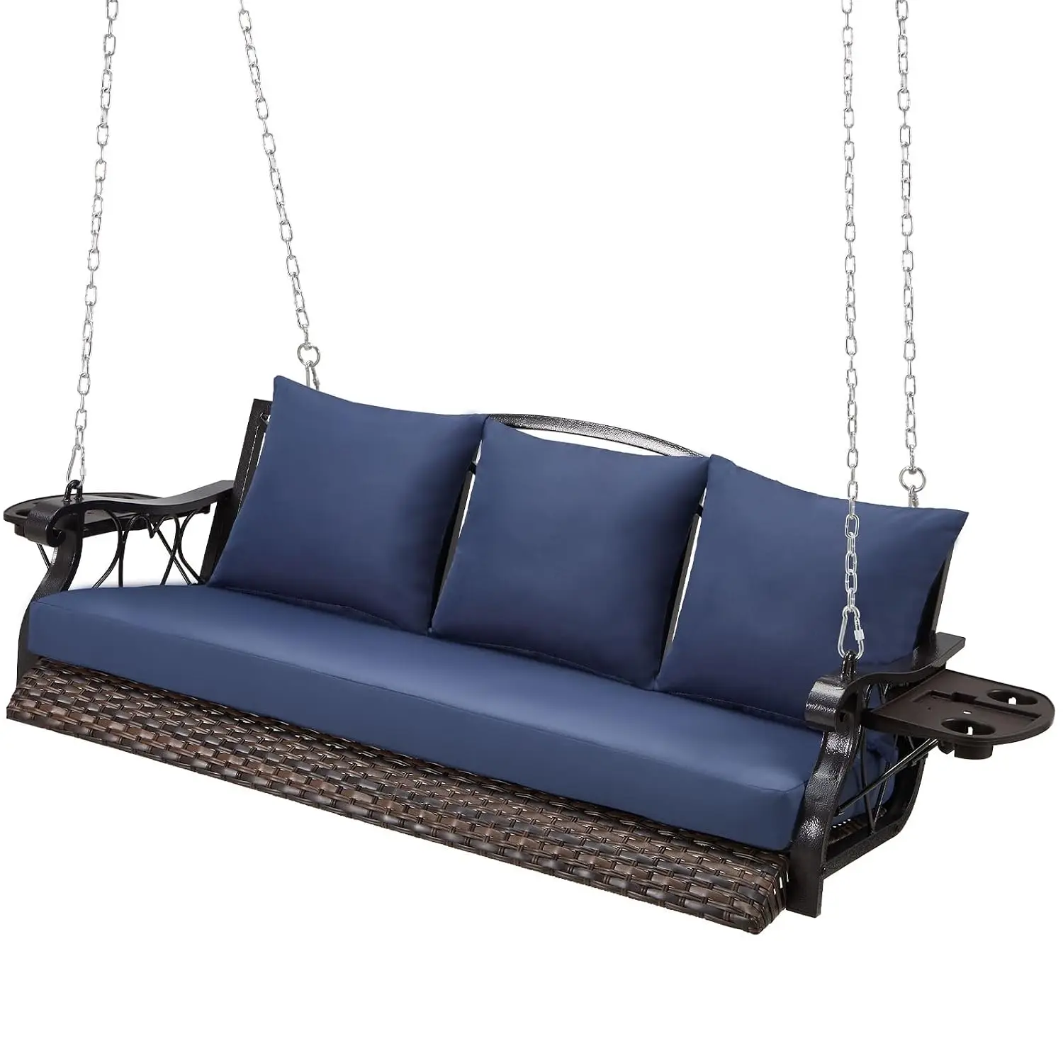 3-Person Wicker Porch Swing 900 LBS Heavy Duty Rattan w/Cup-Holder & Steel Chains Cushions for Deck & Backyard, Customized