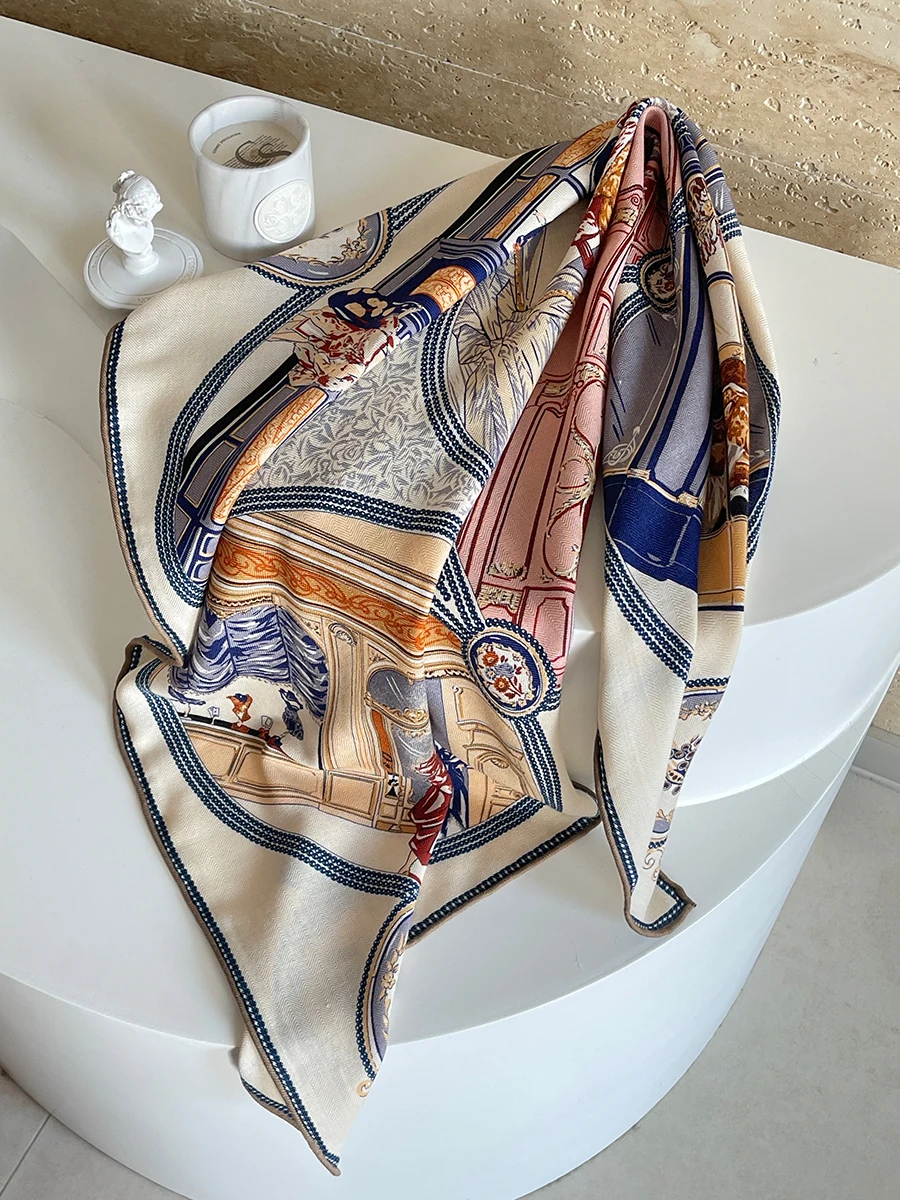 Silk Wool Scarf 85CM Winter Shawl Luxury Designer Square Bandanas Hand Rolled Shawls Scarves Mother Christmas Gift