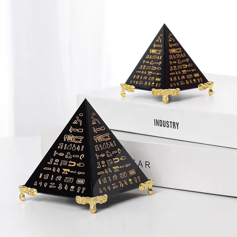 Obsidian crystal pyramid model office ornament paperweight egypt hieroglyphs pyramid fengshui home decoration glass craft gifts