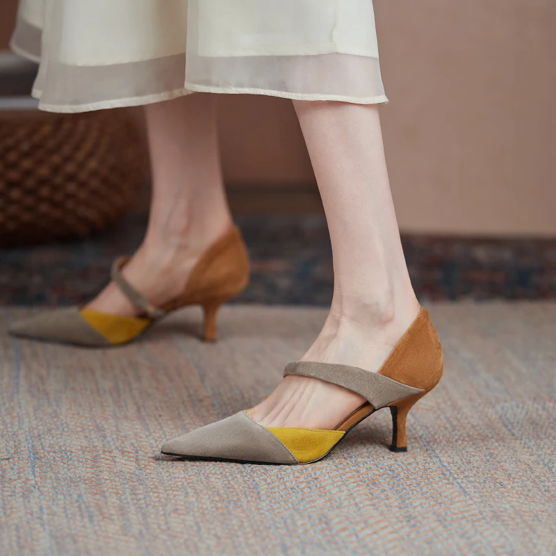2026new summer women sandals natural leather 22-24.5cm kid suede+pigskin+sheepskin pointed toe mixed color high heel women shoes