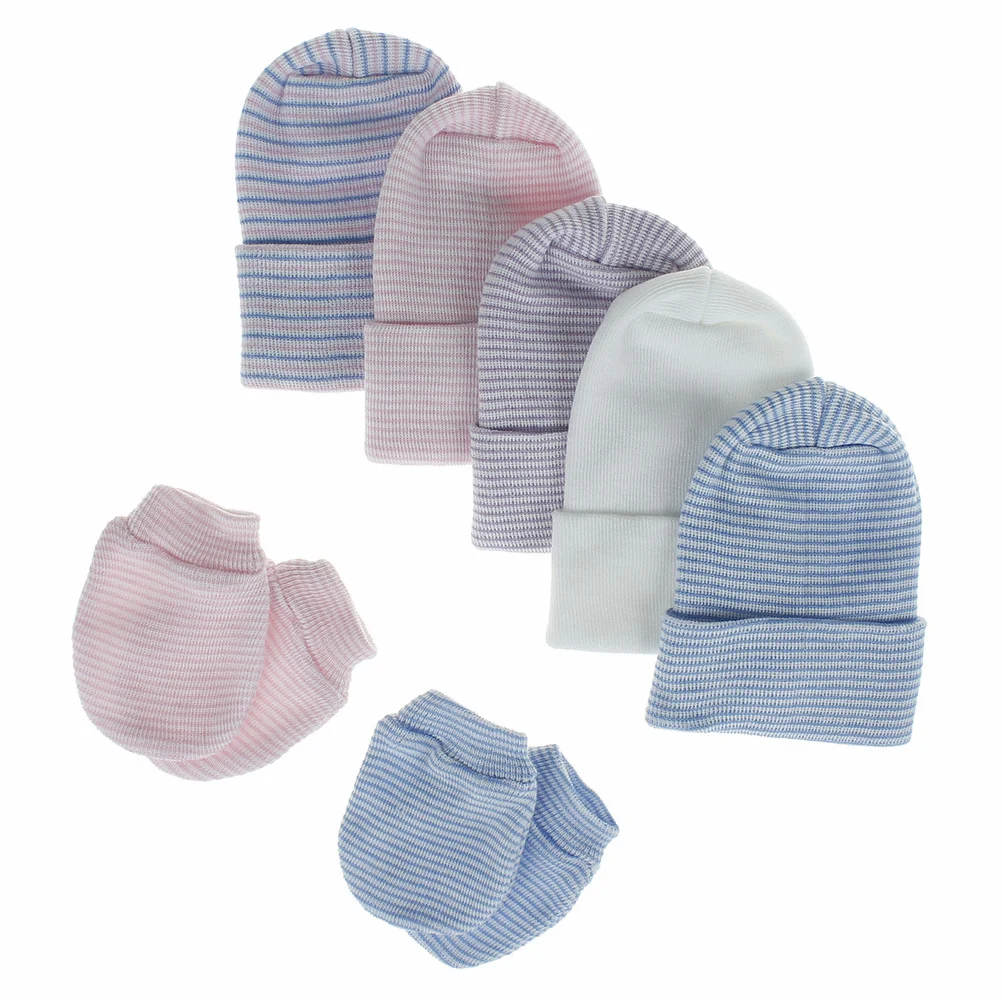 

1Set Baby Newborn Hat Stripe Cotton Beanie Soft Comfortable Warm Winter Cap Gloves Newborn Accessories Cotton Beanie