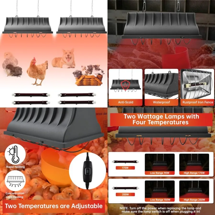 Chicken Coop Heater for Chicks, Brooder Heater with 2pcs Heat Lamp 250W and 175W,Adjustable Temp and Height Chicken Brooder Box