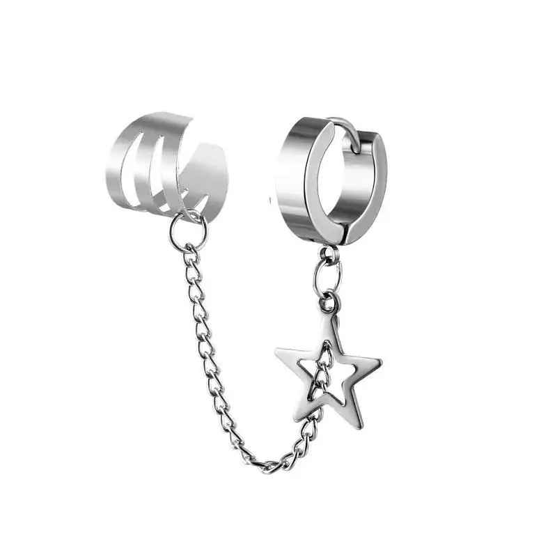 1PC Stainless Steel Cross Skull Star Pendant Ear Clip Earring for Men Women Punk Silver Color Tassel Chain Hoop Earrings Jewelry