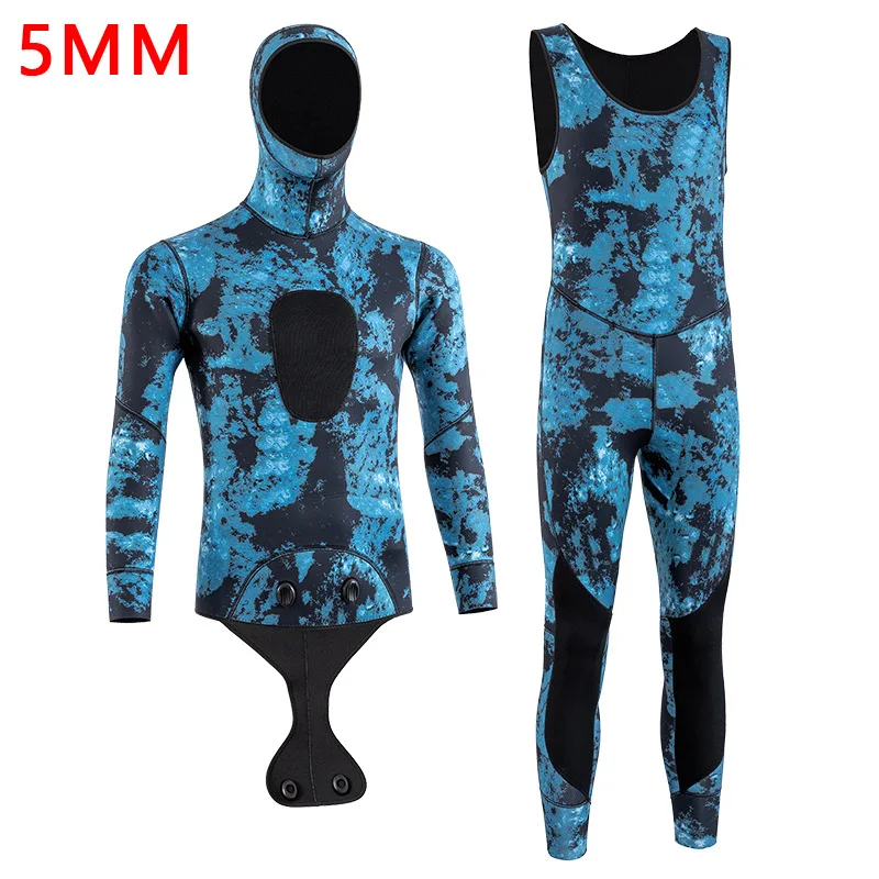 Camo Spearfishing Wetsuits for Men Women, 5mm Neoprene Top+Pants Two Pieces Set Hooded Super Stretch Scuba Diving Suit