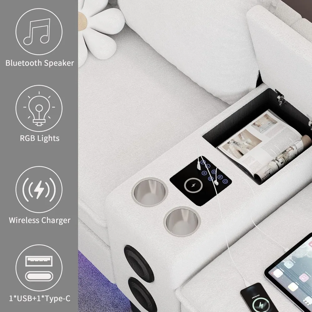 أرائك مقطعية لغرفة المعيشة، أريكة مقطعية مكونة من 4 مقاعد مع وحدة ذكية - مكبر صوت بلوتوث / ضوء RGB / محطة شحن #4
