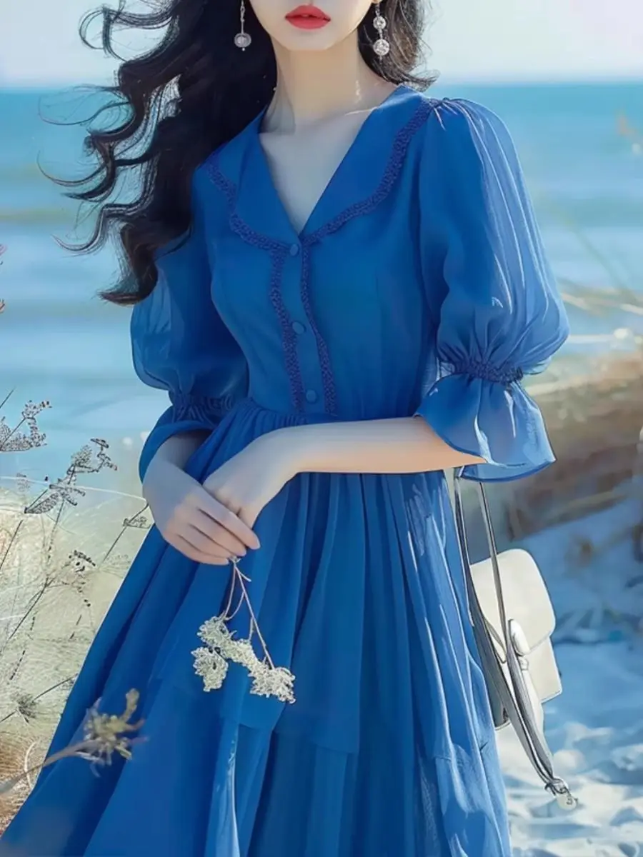 French Blue Bubble Sleeve Dress with Waist Cinching Summer New Style Seaside Vacation Temperament Fresh Dress