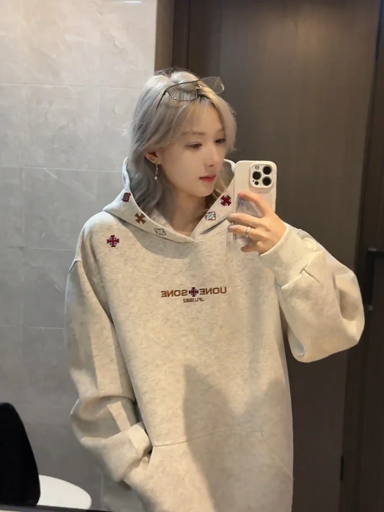 

Американская толстовка с капюшоном унисекс, осенне-зимняя, утепленная, с вышивкой, свободного кроя, повседневная