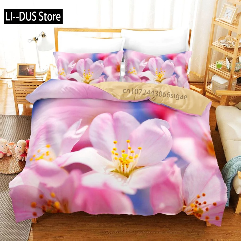 

3D Peach Blossom Duvet Cover Set Blooming Flower Pattern Bedding Set Microfiber Spring Floral Theme Soft 2/3pcs Comforter Cover