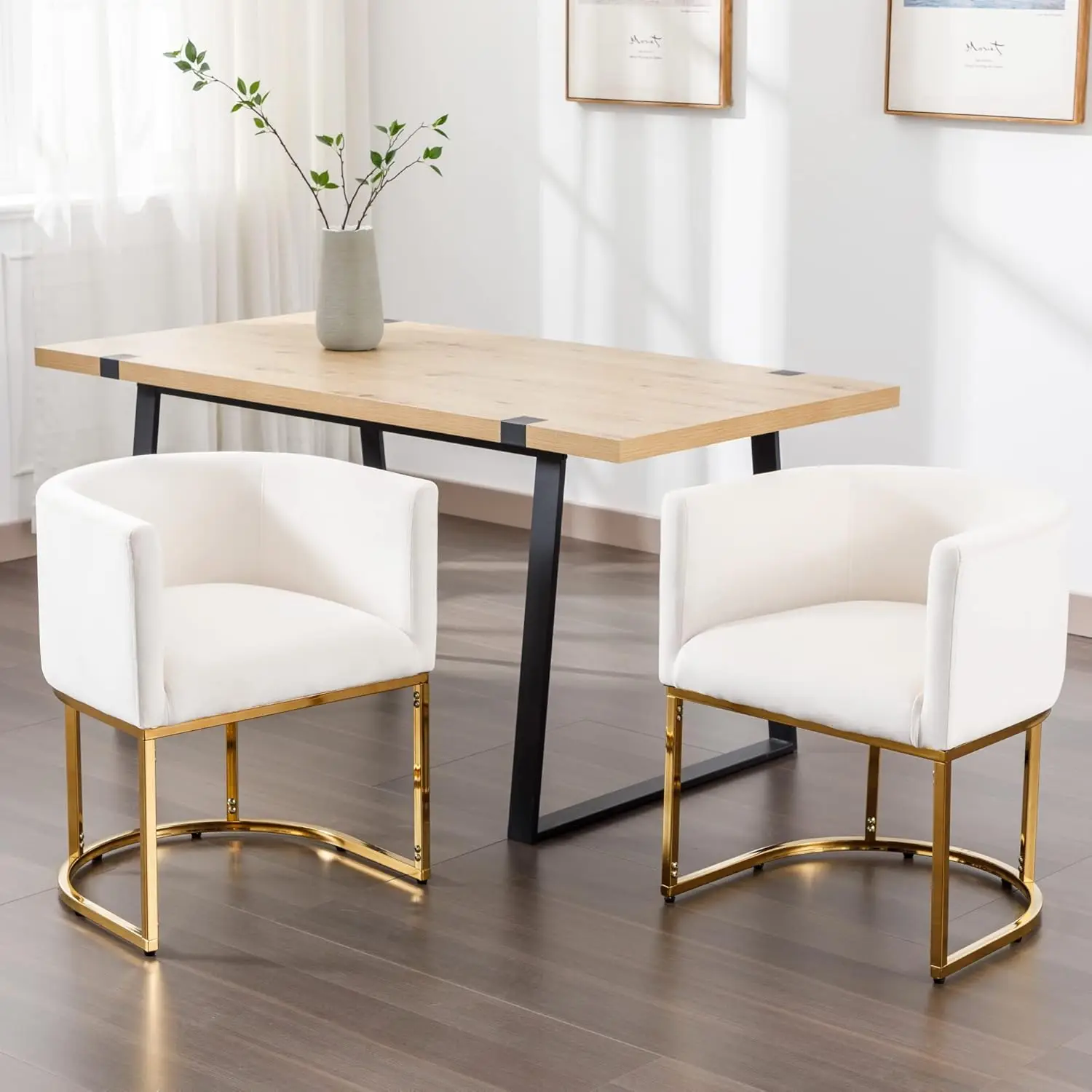 Velvet Dining Chairs Set Of 2 Modern Barrel Arm Chairs With Golden Frame, Upholstered Kitchen Chairs 18.5