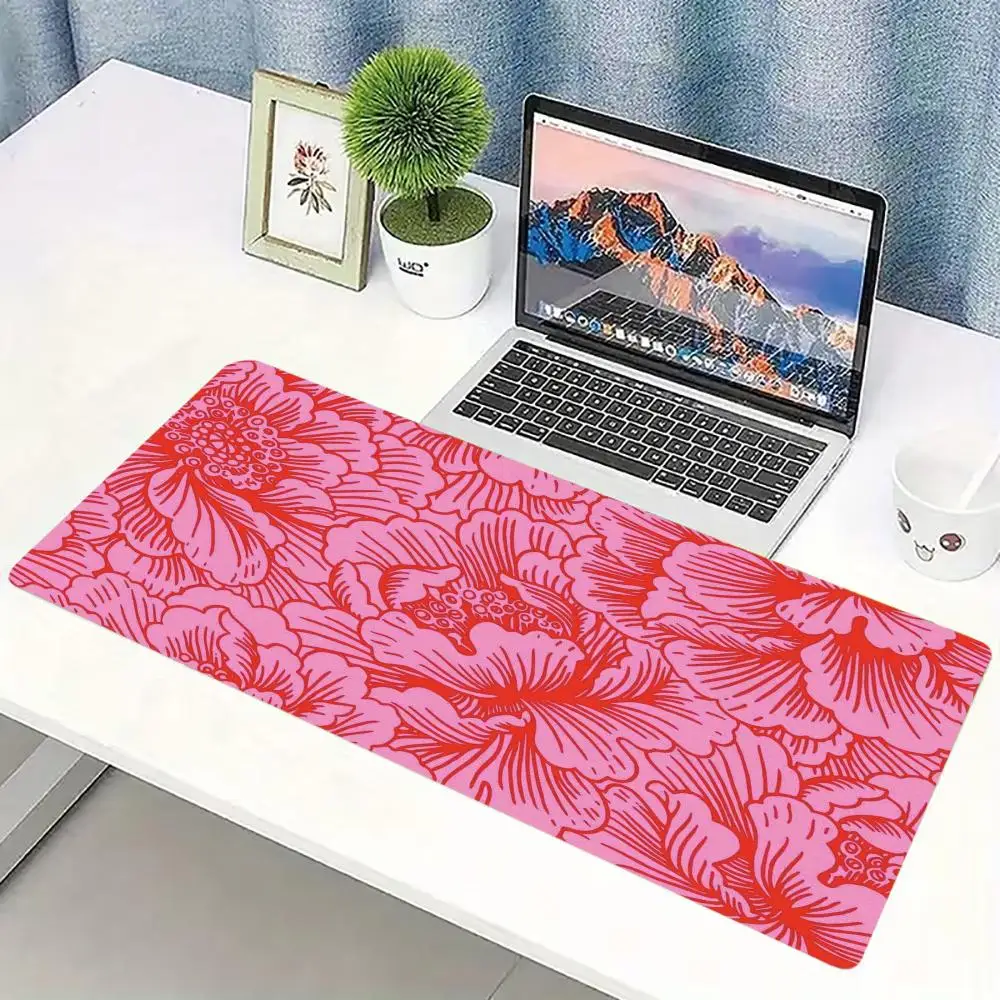 Vintage Pink‑Red Floral Large Extended Gaming Mouse Pad Non‑Slip Desk Surface Retro Peony Botanical Art Print For Gaming Desk