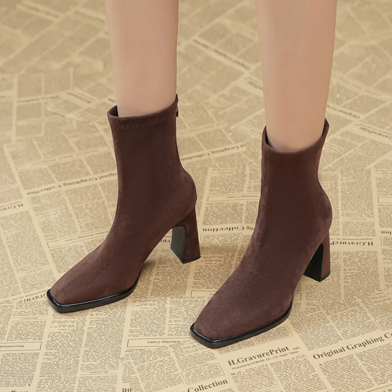 Size 34-40 Women's Black/Brown Suede Pointed Toe Block Heel Ankle Boots for Winter High Heels Short Boots Q-131