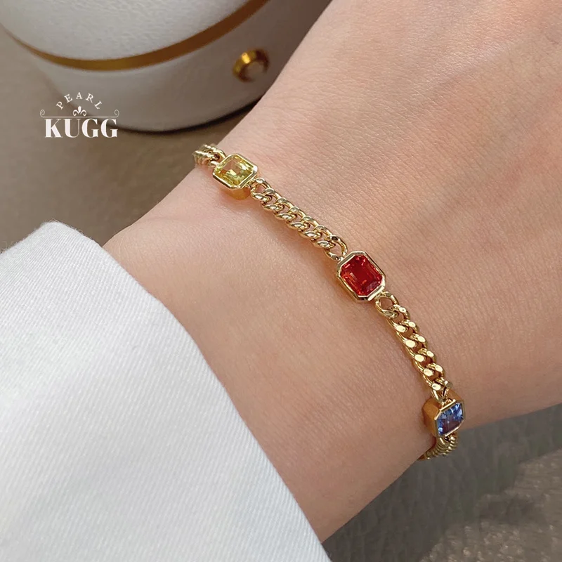 

Браслет KUGG из 100% 18-каратного желтого золота для женщин, романтический стиль, модный дизайн в виде кубинской цепочки, браслет с натуральным сапфиром, изысканные ювелирные изделия