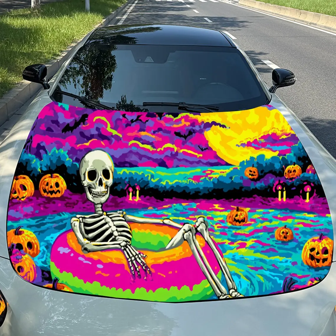 Lively Skeleton on Donut Car Engine Hood Vinyl Wraps Sticker, Trendy Auto Cover Decal, Waterproof Self-adhesive Vehicle Decal, A